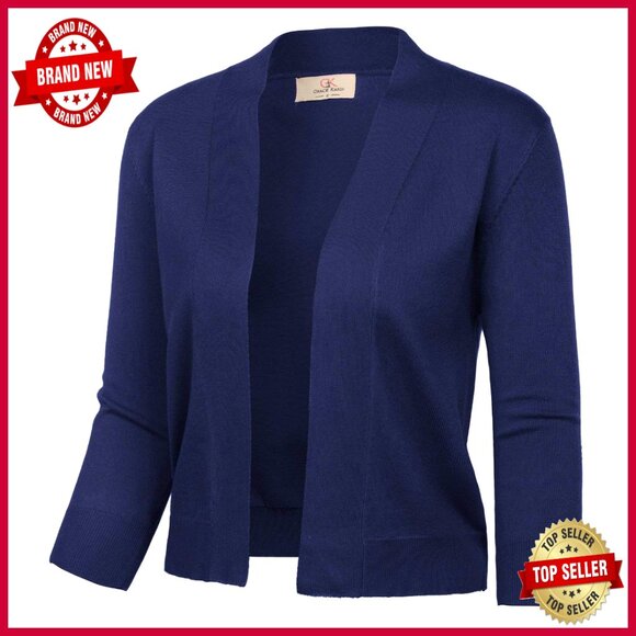 Cropped Cardigan 3/4 Sleeve Knit Open Front Bolero Shrug Slim Fit Chic